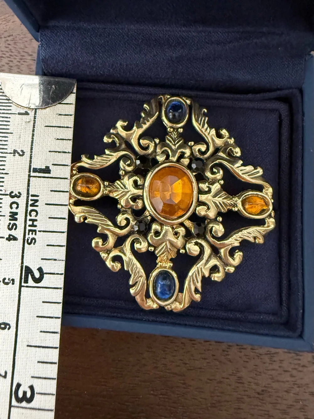 1960s Filigree Brooch with Amber and Sapphire Stones